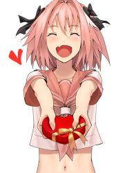 Rule 34 | 1boy, :d, astolfo (fate), astolfo (sailor paladin) (fate), black bow, blush, bow, box, closed eyes, commentary request, facing viewer, fang, fate/apocrypha, fate (series), hair bow, heart, heart-shaped box, highres, holding, male focus, multicolored hair, navel, neckerchief, official alternate costume, open mouth, pink hair, pink neckerchief, pink sailor collar, sailor collar, school uniform, serafuku, shirt, short sleeves, simple background, smile, solo, streaked hair, trap, valentine, white background, white shirt, zonotaida