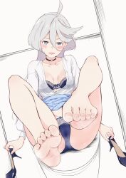 Rule 34 | absurdres, bare legs, barefoot, blue skirt, bra, clothes lift, feet, feet up, gundam, gundam suisei no majo, high heels, highres, holding, holding shoes, kok (kokenn), lace, lace-trimmed bra, lace-trimmed panties, lace panties, lace trim, leg up, long hair, miorine rembran, panties, see-through, shirt, shoes, skirt, skirt lift, soles, toes, underwear, unworn shoes, white shirt