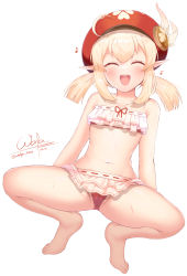 Rule 34 | 1girl, :d, ^ ^, ahoge, alternate costume, bare legs, barefoot, bikini, brown eyes, cabbie hat, closed eyes, clover print, commentary request, frilled bikini, frills, genshin impact, hair between eyes, hat, hat feather, hat ornament, highres, klee (genshin impact), light brown hair, long hair, looking at viewer, low twintails, midriff, musical note, navel, open mouth, pointy ears, sidelocks, simple background, smile, solo, squatting, swimsuit, toes, twintails, wata neo, white background