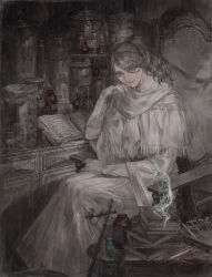 1girl beaker bloodborne book book_stack bottle capelet chair closed_mouth dress erlenmeyer_flask flask gloves grey_eyes hand_on_own_cheek hand_on_own_face intravenous_drip iosefka naux open_book parted_bangs ponytail robe scarf scissors signature sitting smile solo syringe vial white_capelet white_dress white_gloves white_scarf