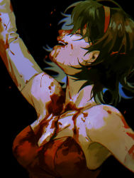 Rule 34 | 1girl, bad id, bad pixiv id, bare shoulders, black background, blood, blood on arm, blood on chest, blood on clothes, blood on face, brown hair, closed eyes, collarbone, commentary, dress, elbow gloves, gloves, hairband, kirigoe mima, open mouth, perfect blue, red dress, red hairband, short hair, simple background, smile, solo, tears, teeth, teigaso1, upper body, upper teeth only, white gloves