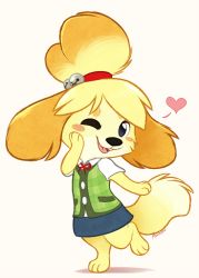 Rule 34 | 1girl, :3, animal crossing, animal ears, animal hands, artist name, aseethe, barefoot, bell, blonde hair, blue eyes, blue skirt, blush stickers, dog ears, dog girl, dog tail, female focus, flat chest, full body, furry, furry female, green vest, hair bell, hair ornament, hair tie, hand on own face, hand up, happy, heart, isabelle (animal crossing), jingle bell, leg up, looking at viewer, miniskirt, neck ribbon, nintendo, one eye closed, open mouth, pencil skirt, pink background, plaid, plaid vest, red ribbon, ribbon, shirt, short hair, short sleeves, signature, simple background, skirt, smile, solo, standing, standing on one leg, tail, teeth, tongue, topknot, vest, white shirt, wink