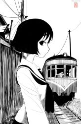 Rule 34 | 1girl, absurdres, arms at sides, artist logo, artist name, black eyes, black hair, black neckerchief, blunt ends, bob cut, breasts, building, commentary, dated, dress shirt, empty eyes, eyelashes, fence, from side, girls und panzer, grass, greyscale, highres, long sleeves, looking at viewer, looking to the side, monochrome, neckerchief, ooarai school uniform, outdoors, parted lips, power lines, railroad tracks, sailor collar, school uniform, sekirei tessar, serafuku, shirt, short hair, signature, small breasts, solo, standing, streetcar, train station platform, translated, upper body, utility pole, utsugi yuuki, white background, white sailor collar, white shirt