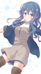 Rule 34 | 1girl, blue eyes, blue hair, blue jacket, blush, boots, breasts, brown footwear, cleavage, commentary request, dress, gotland (kancolle), highres, jacket, kantai collection, koumei (twinameless), long hair, long sleeves, looking at viewer, medium dress, mole, mole under eye, open clothes, open jacket, shirt, sidelocks, simple background, smile, solo, thigh boots, thighhighs, turtleneck, white background, white shirt