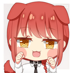 Rule 34 | 1girl, animal ears, artist name, black necktie, blush stickers, braid, braided ponytail, chainsaw man, chibi, collar, collared shirt, commentary, dog ears, dog tail, dress shirt, english commentary, fpsmoe, grey background, hands up, long hair, long sleeves, looking at viewer, makima (chainsaw man), necktie, open mouth, red hair, ringed eyes, shirt, simple background, smile, solo, tail, upper body, white shirt, yellow eyes