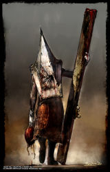 Rule 34 | 1boy, apron, blood, gloves, hat, helmet, ito masahiro, male focus, monster, official art, pyramid head, silent hill, silent hill (series), silent hill 2, solo, weapon