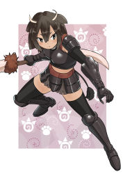 Rule 34 | 10s, 1girl, american bison (kemono friends), animal ears, armor, armored boots, bison, boots, brown hair, full body, gauntlets, gloves, highres, horns, japari symbol, kemono friends, momosuke (ishakry), polearm, short hair, solo, spear, tail, thighhighs, weapon