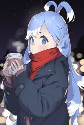 Rule 34 | 1girl, absurdres, black coat, blue eyes, blue hair, blush, byeon dha, coat, coffee cup, cup, disposable cup, highres, hololive, hololive indonesia, kobo kanaeru, light blue hair, long hair, looking at viewer, multicolored eyes, multicolored hair, night, night sky, pink nails, red scarf, red sweater, scarf, sky, star (sky), starry sky, steam, sweater, tareme, virtual youtuber