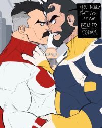 Rule 34 | 3boys, abraham lincoln, absurdres, bara, beard, black hair, blue bodysuit, bodysuit, eye contact, facial hair, grey hair, heads together, highres, invincible (series), looking at another, male focus, mature male, multiple boys, muscular, muscular male, mustache, noses touching, old, old man, omni-man, pectoral docking, pectoral press, pectorals, recording, scullvi, short hair, sideburns, superhero costume, the immortal (invincible), thick eyebrows, undercut, upper body, white bodysuit