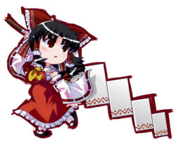 Rule 34 | 1girl, ascot, black footwear, black hair, blush, bow, commentary request, detached sleeves, frilled bow, frilled skirt, frills, full body, gohei, hair bow, hakurei reimu, holding, long hair, looking afar, looking to the side, lowres, namikai harukaze, open mouth, red bow, red eyes, red shirt, red skirt, ribbon-trimmed sleeves, ribbon trim, sandals, sarashi, shirt, simple background, skirt, sleeveless, sleeveless shirt, socks, solo, touhou, white background, white sleeves, white socks, yellow ascot
