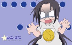 Rule 34 | ..., 00s, 1girl, artist request, ball, black hair, character name, copyright name, glasses, gym uniform, highres, long hair, lucky star, non-web source, open mouth, pain, playing sports, shaded face, tamura hiyori, volleyball, volleyball (object), wallpaper