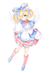 Rule 34 | 1girl, animal, apron, bag, bell, blonde hair, blue apron, blue bow, blue eyes, blue footwear, blush, bow, cat, chitetan, closed mouth, collared shirt, commentary request, cutesu (cutesuu), double bun, eyepatch, feathered wings, frilled bow, frilled socks, frills, full body, hair bell, hair between eyes, hair bow, hair bun, hair ornament, jingle bell, kneehighs, layered sleeves, loafers, long sleeves, medical eyepatch, original, pink shirt, pink skirt, pink socks, pleated skirt, puffy short sleeves, puffy sleeves, shirt, shoes, short over long sleeves, short sleeves, shoulder bag, simple background, skirt, sleeves past fingers, sleeves past wrists, smile, socks, solo, white background, white cat, white wings, wide sleeves, wings