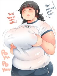 Rule 34 | 1girl, black hair, blush, breast hold, breasts, english text, engrish text, closed eyes, fat, highres, huge breasts, obese, open mouth, ranguage, shimejix, short hair, smile, solo, sweat