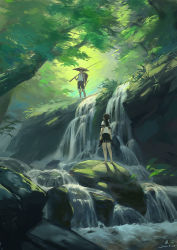 Rule 34 | 1boy, 1girl, barefoot, black skirt, brown hair, cliff, commentary request, dated, fishing rod, forest, green theme, hat, holding, holding fishing rod, holding shoes, holding stick, looking up, nature, original, outdoors, pleated skirt, ponytail, rice hat, scenery, school uniform, serafuku, shoes, unworn shoes, signature, skirt, stick, stream, tree, water, waterfall, wide shot, xiaobanbei milk