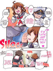 Rule 34 | 10s, 1boy, 2girls, admiral (kancolle), ahoge, brown hair, check translation, comic, closed eyes, faceless, faceless male, fang, fingerless gloves, flying sweatdrops, gloves, hair flaps, hair ornament, hairclip, hard-translated, hat, heart, ikazuchi (kancolle), kanon (kurogane knights), kantai collection, military, military uniform, multiple girls, naval uniform, navel, neckerchief, open mouth, peaked cap, petrification, red neckerchief, school uniform, self-upload, shigure (kancolle), spoken heart, third-party edit, translation request, uniform, waving arms