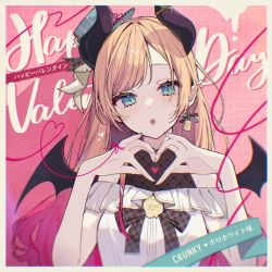 Rule 34 | 1girl, akakura, black bow, black bowtie, blonde hair, blue eyes, blue hat, blush, bow, bowtie, commentary request, demon girl, demon horns, demon wings, earrings, hands up, happy valentine, hat, heart, heart hands, highres, hololive, horns, jewelry, looking at viewer, multicolored hair, nail polish, parted lips, pointy ears, red hair, shirt, single earring, solo, two-tone hair, upper body, virtual youtuber, white shirt, wings, yuzuki choco