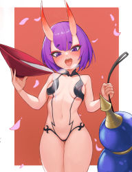 Rule 34 | 1girl, absurdres, alcohol, areola slip, bare shoulders, blush, bob cut, border, breasts, collarbone, cup, eyeliner, fate/grand order, fate (series), gourd, highres, horns, kkusak (kkusag ks), looking at viewer, makeup, oni, open mouth, orange background, petals, pouring, pouring onto self, purple eyes, purple hair, pussy, pussy peek, revealing clothes, sakazuki, sake, short hair, shuten douji (fate), skin-covered horns, small breasts, thighs, tongue, tongue out, white border