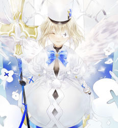 Rule 34 | 1girl, absurdres, angel wings, azur lane, blonde hair, blue bow, blue bowtie, blue ribbon, blush, bodystocking, bodysuit, bodysuit under clothes, bow, bowtie, breasts, capelet, check commentary, closed eyes, closed mouth, commentary request, crosier, cross, dress, earrings, eyepatch, facing viewer, feathered wings, flower, flower eyepatch, gauntlets, gloves, hat, highres, holding, holding staff, holding weapon, jewelry, kepi, le terrible (azur lane), long sleeves, medium hair, military hat, mole, mole under eye, neck ribbon, one eye covered, ribbon, small breasts, smile, solo, staff, standing, tanxing jiu, vambraces, weapon, white capelet, white dress, white hat, white wings, wings