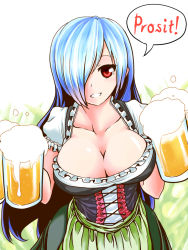Rule 34 | 1girl, alcohol, apron, beer, blue hair, breasts, cleavage, cleavage cutout, clothing cutout, collarbone, corset, cup, dirndl, dress, german clothes, german text, gradient hair, hair over one eye, large breasts, long hair, looking at viewer, mug, multicolored hair, oktoberfest, optronics, parted lips, red eyes, smile, solo, standing, teeth, underbust, very long hair, viprpg