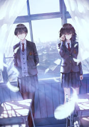 Rule 34 | 2girls, arms behind back, black hair, blurry foreground, brown hair, brown legwear, chair, classroom, closed mouth, collared shirt, day, desk, feathers, glasses, grey jacket, highres, indoors, jacket, kaoming, long hair, long sleeves, looking at viewer, messy hair, miniskirt, multiple girls, necktie, open clothes, open jacket, original, pantyhose, pleated skirt, purple eyes, purple skirt, purple vest, red neckwear, school, school chair, school desk, shirt, short hair, skirt, sweater vest, tomboy, vest, white shirt, wing collar