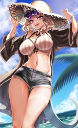 Rule 34 | 1girl, :d, absurdres, arknights, bikini, black jacket, black shorts, blue bracelet, blue nails, blue sky, breasts, brown bikini, brown hat, cleavage, cowboy shot, fang, female focus, hair ornament, hairclip, hands on headwear, hands up, hat, highres, jacket, jewelry, large breasts, looking at viewer, nail polish, navel, necklace, official alternate costume, open clothes, open jacket, open mouth, outdoors, palm leaf, purple-tinted eyewear, purple eyes, round eyewear, short shorts, shorts, skin fang, sky, smile, solo, stomach, straw hat, striped bikini, striped clothes, sun hat, sunglasses, swimsuit, tail, tinted eyewear, utage (arknights), utage (summer flowers) (arknights), water, yoko2yuray