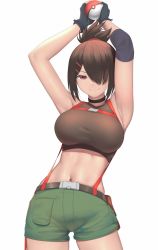 Rule 34 | 1girl, armpits, arms up, bare shoulders, belt, breasts, choker, closed mouth, collar, creatures (company), ela angraeni (revian samuel dani), feet out of frame, game freak, gloves, green shorts, hair ornament, hair over one eye, hair up, hairband, hairclip, highres, holding, large breasts, looking at viewer, midriff, navel, nintendo, one eye covered, orange eyes, original, pocket, poke ball, pokemon, red eyes, rev60, short hair, short shorts, shorts, sidelocks, simple background, sleeveless, smile, solo, standing, stomach, strap, white background