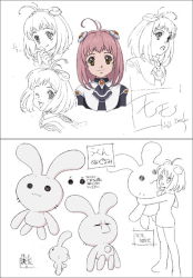Rule 34 | 00s, 1girl, ahoge, bunnie, rabbit, concept art, expressions, face, m.o.m.o., monochrome, multiple views, official art, partially colored, pink hair, stuffed toy, translation request, xenosaga