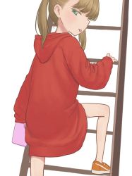 Rule 34 | 1girl, :p, blonde hair, cellphone, child, female focus, from behind, highres, hood, hoodie, ladder, looking back, nitera1041, original, oversized clothes, phone, sleeves past wrists, smartphone, solo, tongue, tongue out, twintails