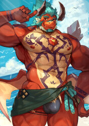 Rule 34 | 1boy, abs, another eidos-r, atmos (another eidos), bara, beach, beard, bird, blue hair, blue sky, chest jewel, claws, cloud, cloudy sky, commentary request, dragon boy, dragon horns, dragon wings, facial hair, fang, furry, furry male, goatee, hand on own hip, highres, horns, kawara gawara, looking at viewer, male focus, muscular, muscular male, navel, ocean, open mouth, pectorals, ponytail, sky, smile, swimsuit, topless male, wings