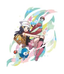 Rule 34 | 1girl, absurdres, bag, beak, beanie, boots, closed eyes, commentary, creatures (company), dawn (pokemon), game freak, gen 4 pokemon, handbag, hat, highres, kneehighs, looking at viewer, miniskirt, nintendo, official art, open mouth, pink footwear, piplup, poke ball, poke ball (basic), pokemon, pokemon (creature), pokemon dppt, saitou naoki, scarf, skirt, smile, socks, star (symbol), symbol-only commentary, white background, wristband