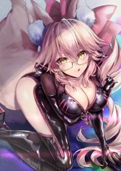 Rule 34 | 1girl, :q, absurdres, all fours, animal ear fluff, animal ears, black bodysuit, black footwear, bodysuit, boots, bow, breast hold, breasts, cleavage, commentary request, elbow gloves, eyewear strap, fate/grand order, fate (series), fox ears, fox girl, fox tail, glasses, gloves, hair between eyes, hair bow, hane yuki, highres, hip vent, koyanskaya (assassin) (first ascension) (fate), koyanskaya (fate), large breasts, long hair, looking at viewer, naughty face, open clothes, pink hair, seductive smile, smile, solo, tail, tamamo (fate), thighs, tongue, tongue out, very long hair, yellow eyes