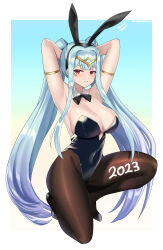 Rule 34 | 1girl, 2023, absurdres, animal ears, aqua hair, arm strap, armpits, arms behind head, arms up, bare shoulders, black footwear, black hairband, black leotard, bow, bowtie, breasts, brown pantyhose, chinese zodiac, cleavage, covered navel, detached collar, epic seven, fake animal ears, hairband, headdress, highleg, highleg leotard, highres, large breasts, leotard, light smile, long hair, looking at viewer, on one knee, pantyhose, parted lips, playboy bunny, rabbit ears, red eyes, roana (epic seven), sidelocks, solo, strapless, strapless leotard, thighs, twintails, twomoon, very long hair, year of the rabbit