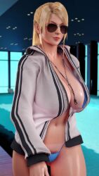 Rule 34 | 1girl, 3d, almightypatty, animated, bikini, blonde hair, blue bikini, bouncing breasts, breasts, cleavage, collarbone, cowboy shot, curvy, groin, highres, hood, hooded jacket, hoodie, huge breasts, huge filesize, indoors, jacket, large breasts, long hair, looping animation, navel, open clothes, open hoodie, open jacket, ponytail, pool, poolside, pubic hair, pubic hair peek, sarah bryant, sega, shiny skin, sidelocks, solo, standing, sunglasses, swimsuit, tagme, tan, tanline, thick thighs, thighs, video, virtua fighter, walking, whistle, whistle around neck, wide hips, window