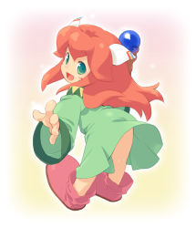 Rule 34 | 1boy, androgynous, artist request, bent over, dress, from behind, green eyes, long hair, looking back, male focus, open mouth, other focus, oversized clothes, pixel art, popoi (seiken densetsu 2), red hair, seiken densetsu, seiken densetsu 2, smile, solo, staff, trap