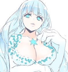 Rule 34 | 1girl, blue eyes, blue hair, body fur, breasts, cleavage, dahlia (xenoblade), large breasts, long hair, looking at viewer, mizuki riko, parted lips, simple background, smile, solo, upper body, very long hair, white background, xenoblade chronicles (series), xenoblade chronicles 2