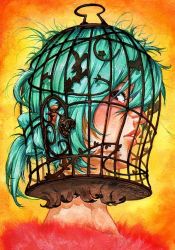 Rule 34 | 1girl, acrylic paint (medium), aqua hair, asahi (sakanasakana), bad id, bad pixiv id, birdcage, cage, lips, original, painting (medium), solo, traditional media, watercolor (medium)