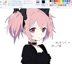 Rule 34 | 1girl, art program in frame, black bow, black choker, black dress, blush, bow, choker, closed mouth, collarbone, commentary, dress, hair bow, jaggy lines, kaname madoka, looking at viewer, mahou shoujo madoka magica, mahou shoujo madoka magica (anime), medium hair, microsoft paint (medium), microsoft paint (software), nithzenithh, pink eyes, pink hair, puffy short sleeves, puffy sleeves, screencap, short sleeves, simple background, solo, twintails, white background