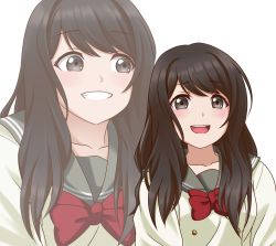 Rule 34 | 1girl, aida rikako, birthday, black hair, collarbone, commentary, english commentary, grey background, grey eyes, grin, highres, jan azure, long hair, looking at viewer, love live!, love live! sunshine!!, multiple views, school uniform, sidelocks, smile, solo, upper body, uranohoshi school uniform, voice actor