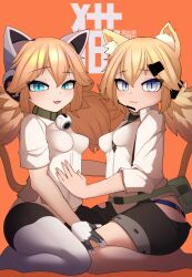 Rule 34 | 2girls, absurdres, animal ear headphones, animal ears, betty (neural cloud), black shorts, blonde hair, blue eyes, breasts, cat ears, cat girl, cat tail, commentary, fake animal ears, girls&#039; frontline, girls&#039; frontline neural cloud, hair between eyes, hair ornament, hairclip, headphones, highres, idw (girls&#039; frontline), long hair, looking at viewer, looking to the side, low twintails, medium breasts, multiple girls, open mouth, orange background, qr code, shirt, short shorts, short sleeves, shorts, simple background, tail, text background, twintails, white shirt, yonao
