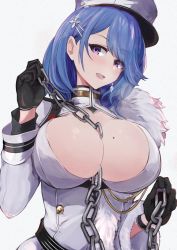 Rule 34 | 1girl, azur lane, between breasts, black gloves, blue hair, breasts, chain, chapayev (azur lane), cleavage, cleavage cutout, clothing cutout, earrings, fur, gloves, hair ornament, hairclip, hat, high collar, highres, jacket, jewelry, large breasts, looking at viewer, marshall k, medium hair, military, military hat, military uniform, mole, mole on breast, open mouth, purple eyes, uniform, white hat, white jacket