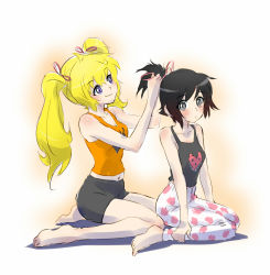 Rule 34 | alternate hairstyle, bow, hair bow, highres, iesupa, pajamas, ruby rose, rwby, short twintails, siblings, simple background, sisters, sitting, twintails, tying hair, white background, yang xiao long