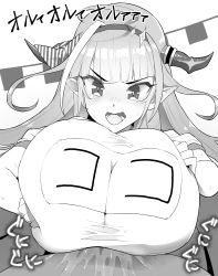 Rule 34 | 1girl, blunt bangs, blush, breasts, cum, cum on body, cum on breasts, cum on upper body, dragon girl, dragon horns, ejaculation, fuwakuyuu, greyscale, highres, hololive, horns, huge breasts, kiryu coco, large breasts, long hair, monochrome, name tag, open mouth, paizuri, paizuri under clothes, pointy ears, shirt, simple background, virtual youtuber, white shirt