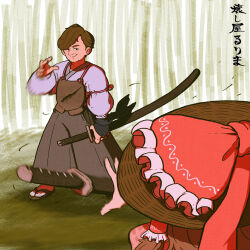 1boy 1girl absurdres alternate_costume armor bamboo bamboo_forest black_eyes bow breastplate brown_hair closed_mouth commentary_request cookie_(touhou) duel forest frilled_bow frills full_body grey_pants hakama hakama_pants hakurei_reimu hat hat_bow highres holding holding_sword holding_weapon japanese_clothes katana long_hair looking_at_another mixed-sex_combat motion_blur muimui_(4242564muimui) nature pants purple_shirt qvc qvc_fukushima red_bow rice_hat rurima_(cookie) shirt short_hair smile standing sword touhou translation_request weapon