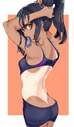 Rule 34 | 1girl, absurdres, ass, bike shorts, black hair, breasts, brown eyes, butt crack, cowboy shot, dark skin, dark-skinned female, hair tie in mouth, highres, ijiranaide nagatoro-san, long hair, looking at viewer, looking back, mamimi (mamamimi), mouth hold, nagatoro hayase, one-piece tan, simple background, small breasts, solo, sports bra, tan, tanline, tying hair