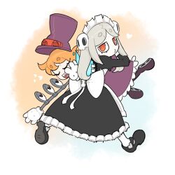 Rule 34 | 2girls, bloody marie (skullgirls), carrying, carrying over shoulder, carrying person, cyborg, dress, eyeshadow, frilled dress, frills, gloves, grey hair, hair ornament, half-closed eyes, hat, heart, highres, juliet sleeves, kissy face, l solaria, long sleeves, looking at viewer, looking back, maid headdress, makeup, multiple girls, orange hair, peacock (skullgirls), puffy sleeves, pursed lips, red eyes, sharp teeth, skull hair ornament, skullgirls, teeth, top hat