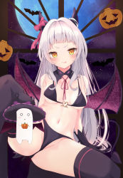 Rule 34 | 1girl, :p, absurdres, bare shoulders, bikini, black bikini, black gloves, black thighhighs, blush, bow, breasts, closed mouth, commentary request, demon horns, demon tail, demon wings, detached collar, fandead (uruha rushia), full moon, gloves, highres, hololive, horn bow, horn ornament, horns, jack-o&#039;-lantern, knee up, long hair, looking at viewer, maikro, moon, murasaki shion, navel, neck ribbon, night, night sky, orange eyes, pink bow, red ribbon, ribbon, short eyebrows, silver hair, simple background, sky, small breasts, smile, solo, star (sky), starry sky, stomach, string bikini, swimsuit, tail, thighhighs, tongue, tongue out, v-shaped eyebrows, very long hair, virtual youtuber, wings