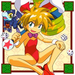Rule 34 | 1girl, :d, animal ears, bare legs, blonde hair, bow, bowtie, commentary request, dice, dragon, fake animal ears, flat chest, green eyes, hand on own knee, indian style, keio flying squadron, keiou yuugekitai, leotard, looking at viewer, m o (prftz), mallet, nanahikari rami, open mouth, toy hammer, playboy bunny, pochi (keiou yuugekitai), rabbit ears, red leotard, shoes, short hair, sitting, smile, tail, wrist cuffs