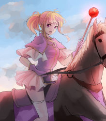 Rule 34 | 1girl, blonde hair, breasts, capelet, chikefu, clarine, cloud, cloudy sky, fire emblem, fire emblem: the binding blade, frilled skirt, frills, gloves, highres, horse, horseback riding, looking at viewer, medium breasts, miniskirt, nintendo, open mouth, ponytail, purple eyes, purple gloves, reins, riding, shirt, short hair, skirt, sky, solo, staff, thighhighs, white skirt, white thighhighs