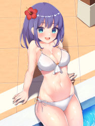 Rule 34 | 1girl, bad id, bad pixiv id, bikini, blue eyes, blush, breasts, cleavage, flower, hair flower, hair ornament, hakuta, highres, looking at viewer, medium breasts, misora (princess connect!), misora (summer) (princess connect!), navel, open mouth, pool, poolside, princess connect!, purple hair, red flower, side-tie bikini bottom, sitting, smile, solo, swimsuit, water, wet, white bikini