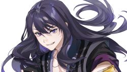Rule 34 | 1boy, black shirt, breasts, cleavage, commentary, grin, holding, holding sword, holding weapon, long hair, male focus, parted bangs, purple eyes, purple hair, sanmen, shirt, sidelocks, simple background, smile, solo, surcoat, sword, tales of (series), tales of vesperia, upper body, weapon, white background, yuri lowell